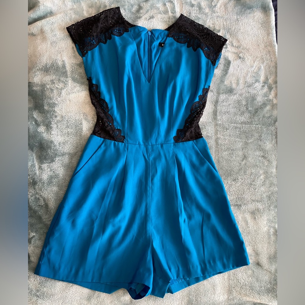 Bebe Blue & Black Lace Romper